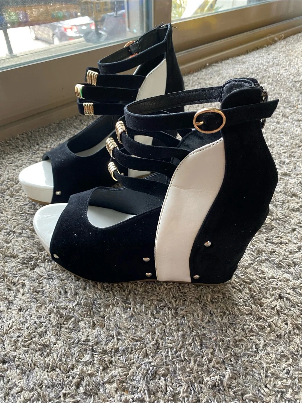 Fashion Nova Black and White Strappy Wedge Sandals